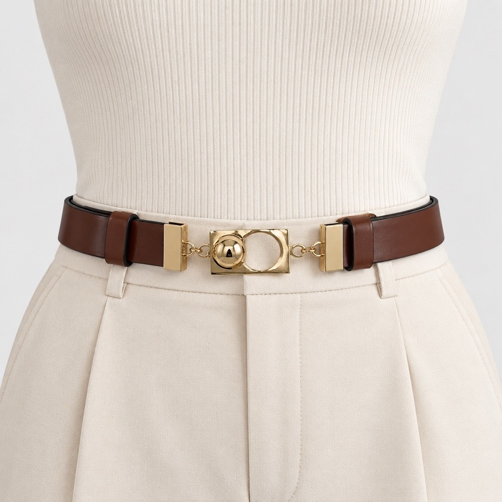 Chico's Leather Belt Size M/L Brown Modernist Gold Tone Ball Hook Adjustable
